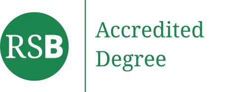 Rectangular logo for the Royal Society of Biology. On the left-hand side there is a green circle with white letters R, S and B. There is a green vertical line with accredited degree written in green.