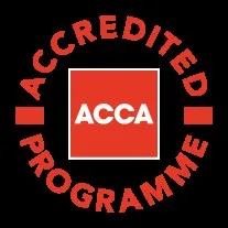 Association of Chartered Certified Accountants logo with red accredited  programme in a circle and a red block with white ACCA in the centre.