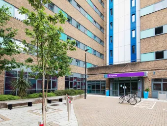 Outside reception of Southampton Orion Point private accommodation hall