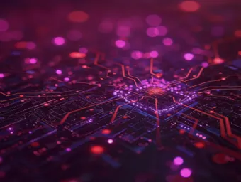 Gen-ai computer circuits and optics in moody purples and pinks
