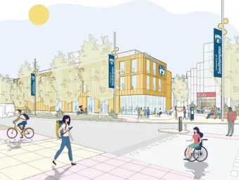 An architects mockup of the proposed new STEM building on highfield campus. A multistory building in yellow facade with wide accessible pathways, communal areas and it's own cafe, lined by trees 