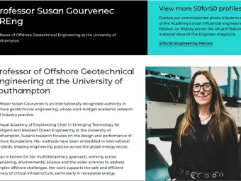 Promotional graphic from the Royal Academy of Engineering's 50for50 campaign featuring Professor Susan Gourvenec, Professor of Offshore Geotechnical Engineering at the University of Southampton, with a portrait alongside text highlighting contributions to offshore foundation design and resilient ocean engineering