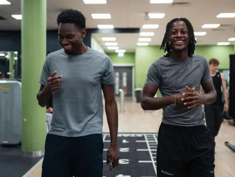 Two students walking through a university gym after exercising, smiling and wearing sportswear.