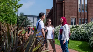 Small group of students chatting outside library