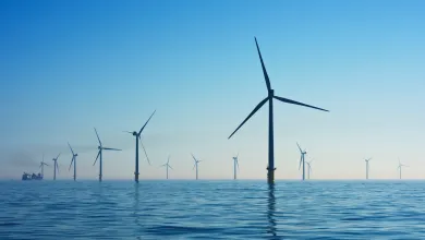 Wind turbines surrounded by water.