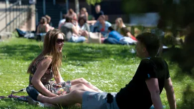 Postgraduate research students relaxing on the lawn