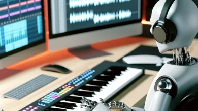An AI-generated image of a humanoid robot sitting at a desk in a music studio. It is playing notes on a musical keyboard, as recording software displays the soundwaves being recorded on 2 computer monitors.