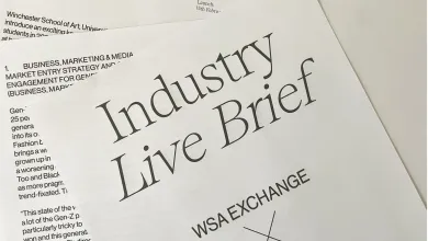 A report is printed on white paper and the pages are scattered, overlapping each other. The top page has the text 'Industry Live Brief. WSA Exchange X Fendi.