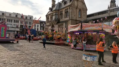 Wide shot of a market in a town centre