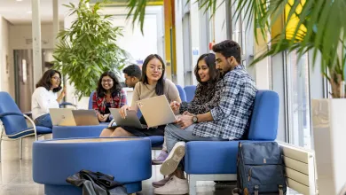 Two groups of students sitting on easy chairs, talking and looking at their laptops. 