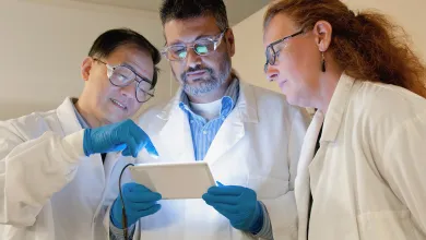 Three researchers gather round a tablet