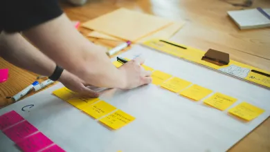 Project planning using sticky notes moved across phases on a clipboard