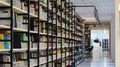 books on library shelves