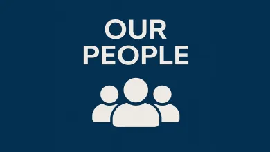 Text 'Our people' and graphic with several people