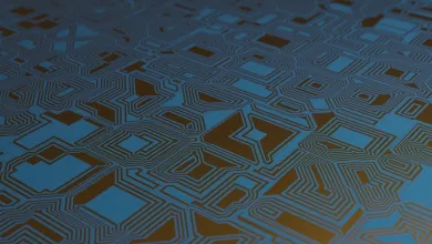 bstract geometric pattern resembling a circuit board with blue and black colors.