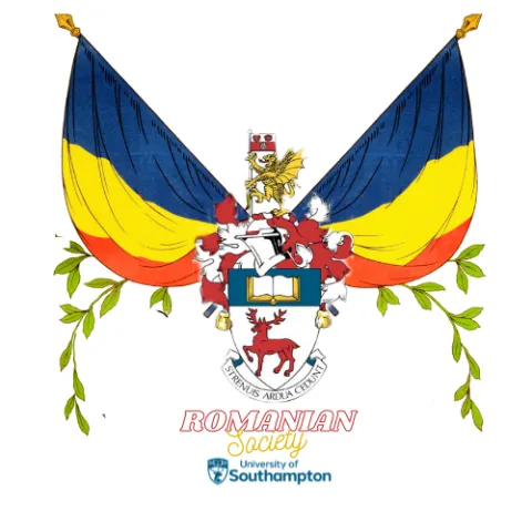 The logo for the Romanian Society at University of Southampton. Features a crest in the middle with the Romanian flag on either side.