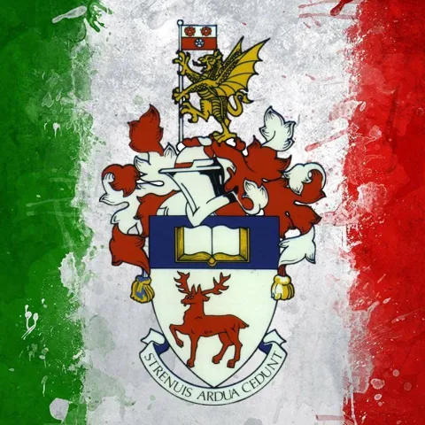 The logo for the Italian society at University of Southampton. Features the Italian flag in the background with a crest in the middle.
