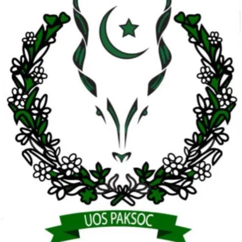 Logo of UOS Pakistan Society with floral wreath and crescent moon