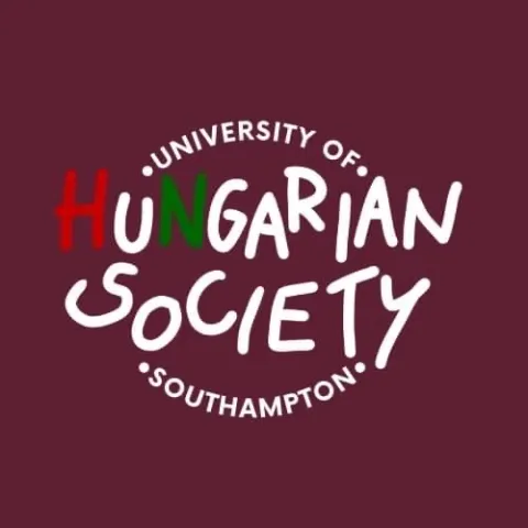 A logo with Hungarian scciety written in the centre, with the University of Southampton wrapped around. The H of Hungarian is red, the u is white and the n is green to reflect the national flag. a