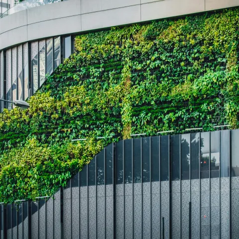 A modern building in an urban environment covered with glass panels and greenery.