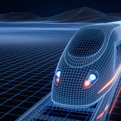 A wireframe electric train travels along digital tracks, representing modern and affordable rail transport.