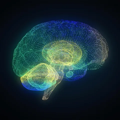 A digital illustration of a human brain made up of small glowing dots in blue, green and yellow on a dark background.
