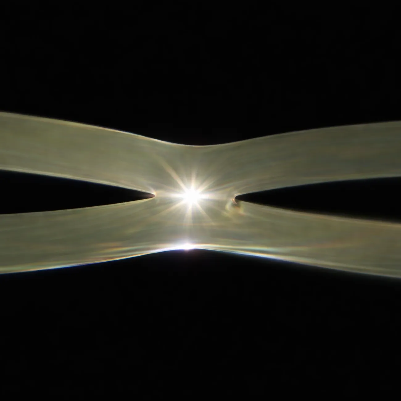 Cross section of high aspect ratio flat optical fibre containing two microstructured air-holes and a central chemically doped optical waveguide.