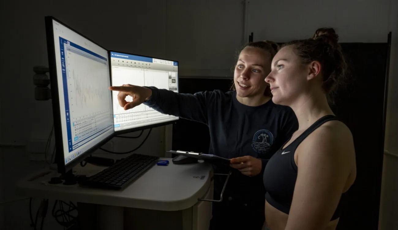 Two students, one wearing a sports bra, stand in front of a screen analysing data Analysing data from a project about sport garments 