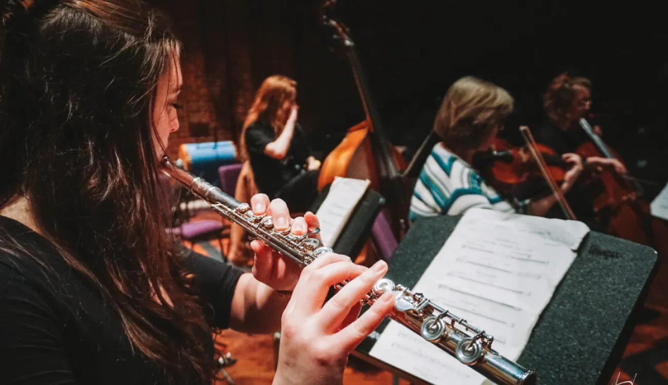 Music students perform an orchestral piece at Turner Sims concert hall