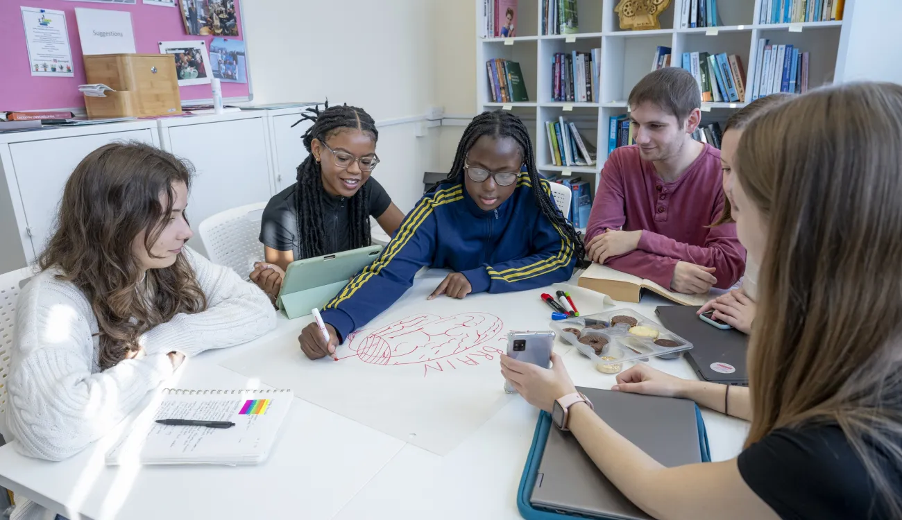A small group of undergraduate students sit around a table, working on a project together. One of them is annotating a sketch of a human brain.