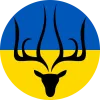 The Ukrainian Society logo at University of Southampton. Features the Ukrainian blue and yellow flag colours in the background with a black stag illustration in the middle.