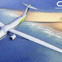 Computer-generated mesh model of an airplane over a coastal landscape.
